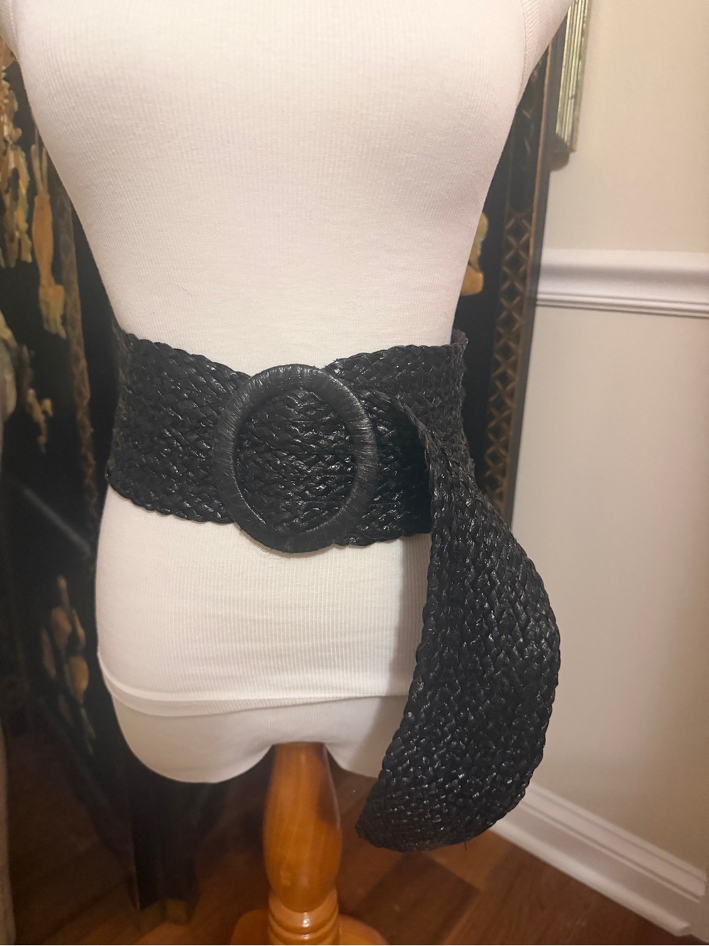 Vintage Black Woven Waist Belt with Round Buckle